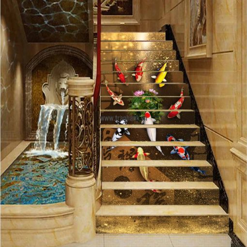 Tranh kính 3D ốp cầu thang ANK 805 với đàn cá chép tượng trưng cho việc hóa rồng giúp gia chủ rất lớn trong ý nghĩa phong thủy