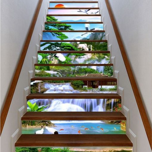 Tranh kính 3D ốp cầu thang ANK 806 mang đến một không gian phong thủy đầy ý nghĩa bao gồm hồ nước, chim