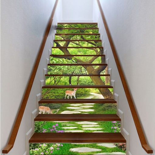 Tranh kính 3D ốp cầu thang ANK 811 như bước chân vào 1 rừng hoa lối đi có động vật cây cỏ