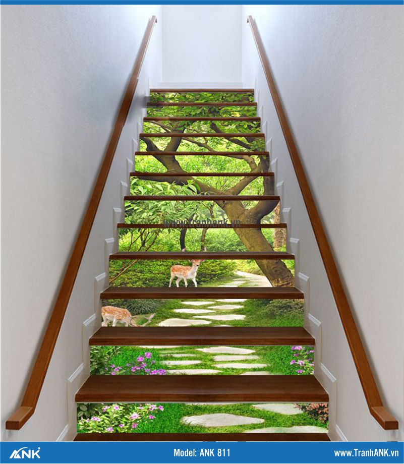 Tranh kính 3D ốp cầu thang ANK 811 như bước chân vào 1 rừng hoa lối đi có động vật cây cỏ