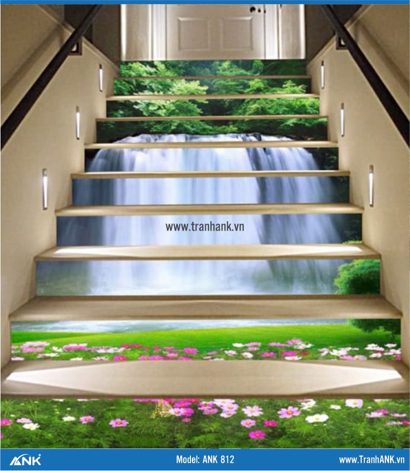 Tranh kính 3D ốp cầu thang ANK 812 hồ hoa mang đến không gian thiên nhiên và ấm cúng