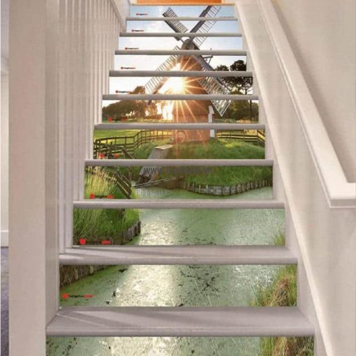 Tranh kính 3D ốp cầu thang ANK 814 mang nét đặc trưng thiết kế châu âu với cối xay gió bên hồ đầy lãng mạn