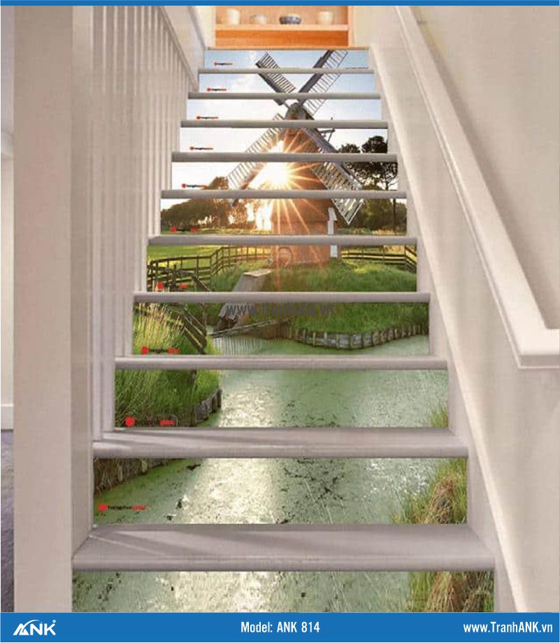 Tranh kính 3D ốp cầu thang ANK 814 mang nét đặc trưng thiết kế châu âu với cối xay gió bên hồ đầy lãng mạn